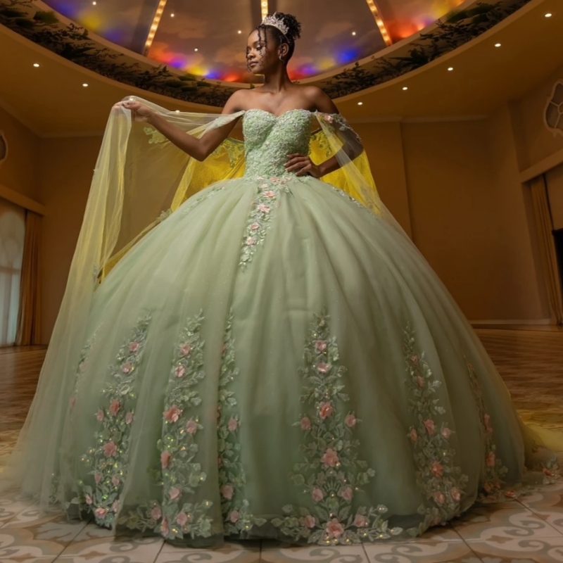 Green Shiny Quinceanera Dresses Ball Gown 3D Floral Applique Beading Cape Sweet 16 Dress Vestidos De 15 Anos