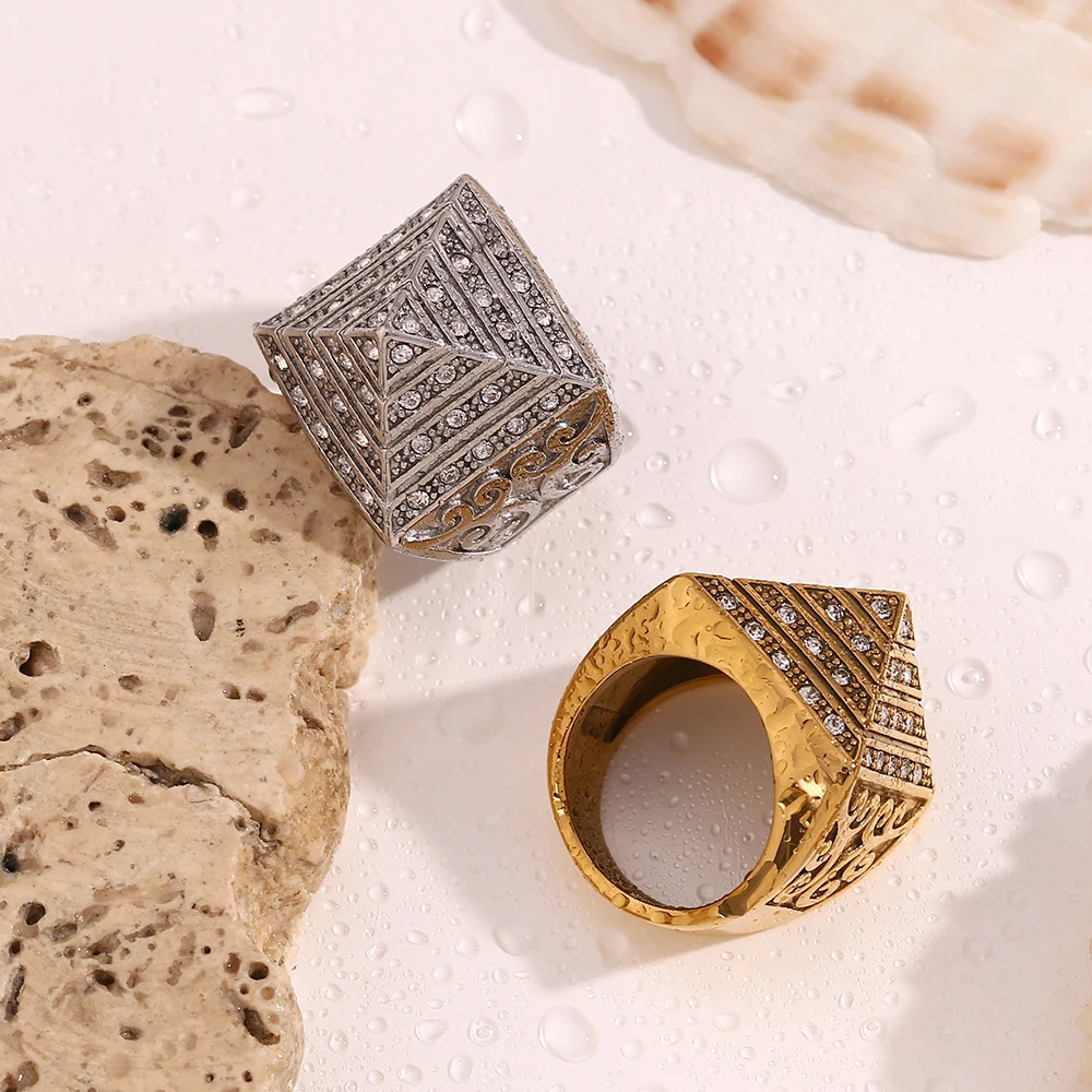 MamacitaSlay In Vintage Four Story Pyramid Vine Waterproof Men Ring Stainless Steel Jewelry Man Accessories Gifts 250624