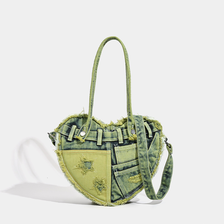 Free Shipping Vintage Heart Heart Heart Luxury Retro Distressed Denim Canvas Bag Niche Designer Sense Single Shoulder Crossbody Bag Versatile Korean S