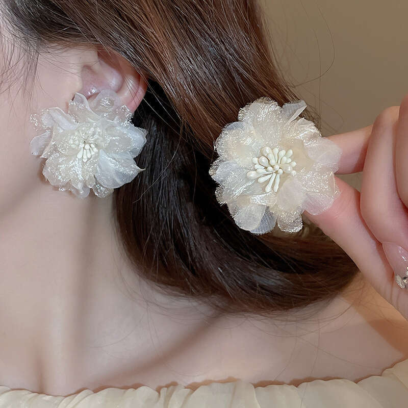 Sier Needle Pearl Mesh Flower Tassel Spring Summer Fresh Sweet Earrings Super Fairy Pure Desire Fashion Ear Jewelry