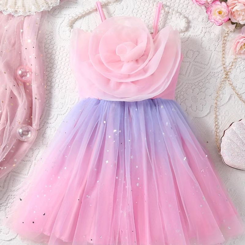 DISNEY baby Elsa Princess dress with short sleeves and mesh skirt for children's day performance summer little girl rainbow dress children's