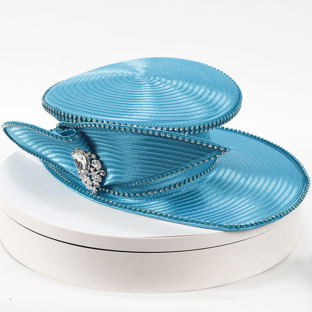 Elegant Blue Church Hat for Women - Wide Brim Derby Hat with Rhinestone Brooch for Race Day, Tea Party, Wedding & Sunday Church