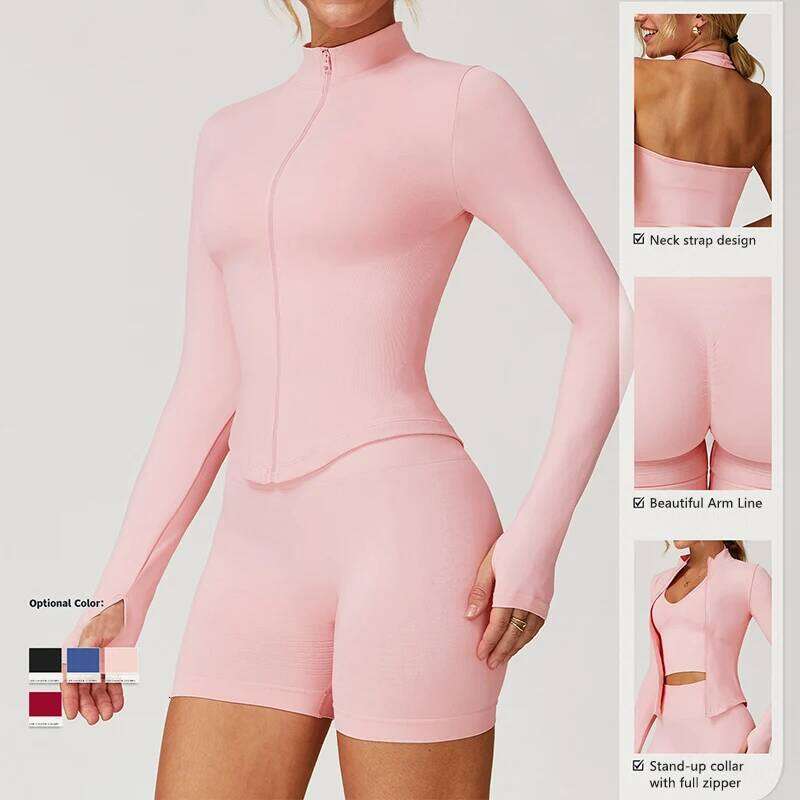 Ctenkevet Women Slim High Neck Jacket Female Two Piece Yoga Clothes Sport Outfit For Woman Buttock Lift Sports Suit