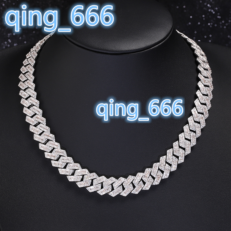 Yu Ying 14mm Baguettes VVS Moissanite Diamond Solid Silver Necklace Cuban Link Chain for Hiphop Jewelry