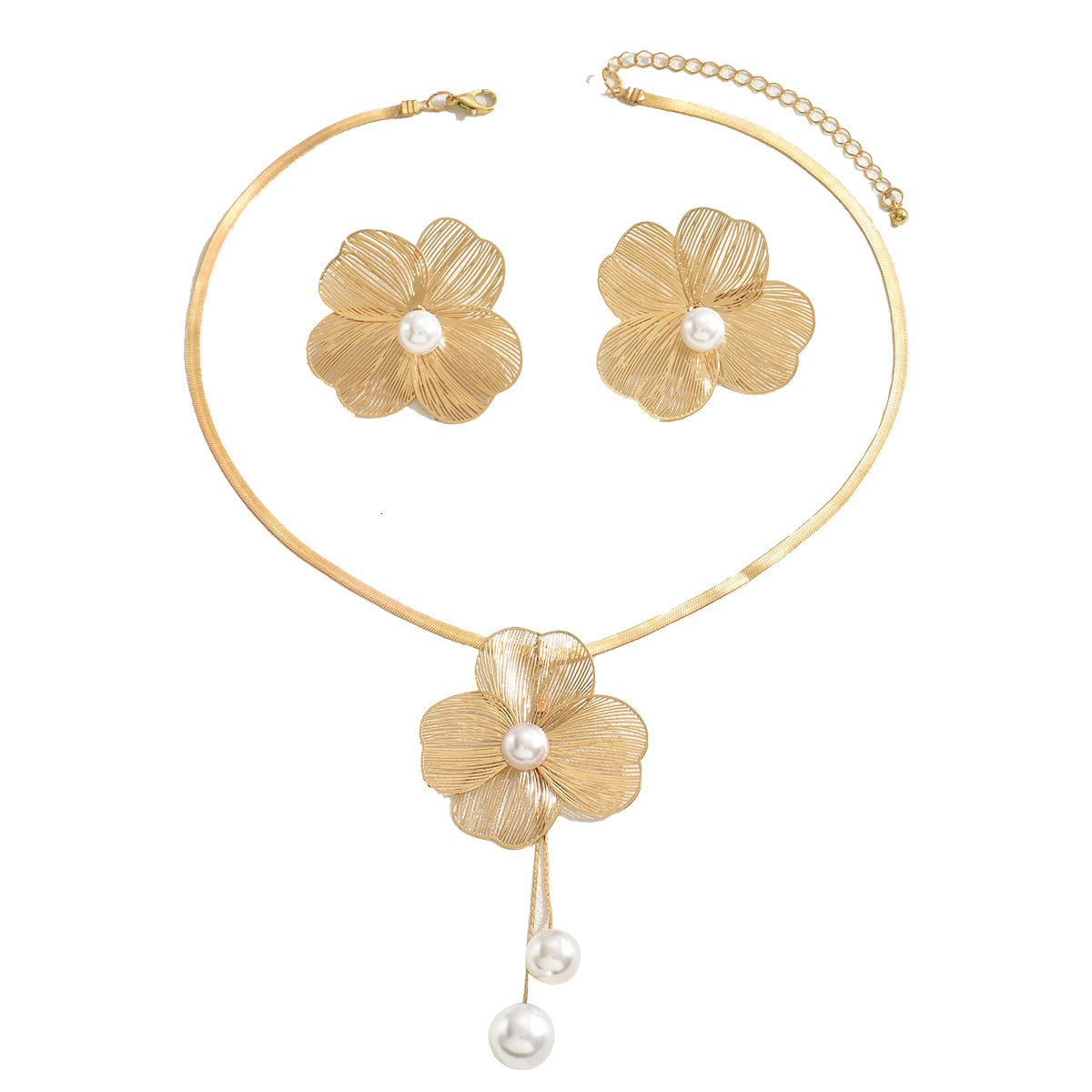 Women's Necklace And Earring Set Flower Inlaid Pearl Design Long Clavicle Chain