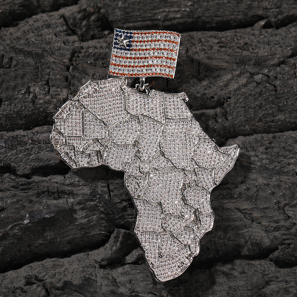 14K Gold Street Hip Hop Africa Map Pendant Full Iced Out Cubic Zirconia Flag Charm Trendy Mens Necklace Collar Aesthetic Punk Rock Rapper Jewelry Acce