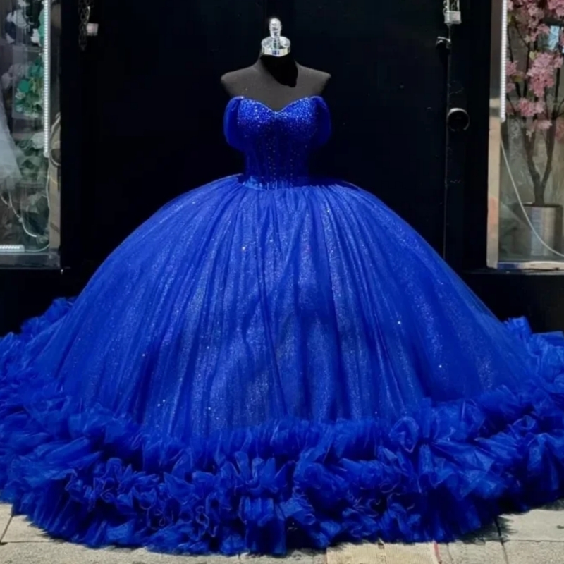 Royal Blue Shiny Quinceanera Dresses for 15 Years Old Off the Shoulder Beads Tull Tiered Sweet 16 Vestidos 15 De Anos