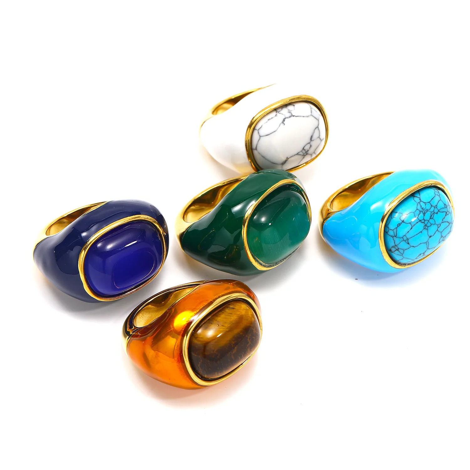 Natural Gemstone Enamel Ring for Women 18k Gold Plated Stainless Steel Statement Ring Wholesale 250624