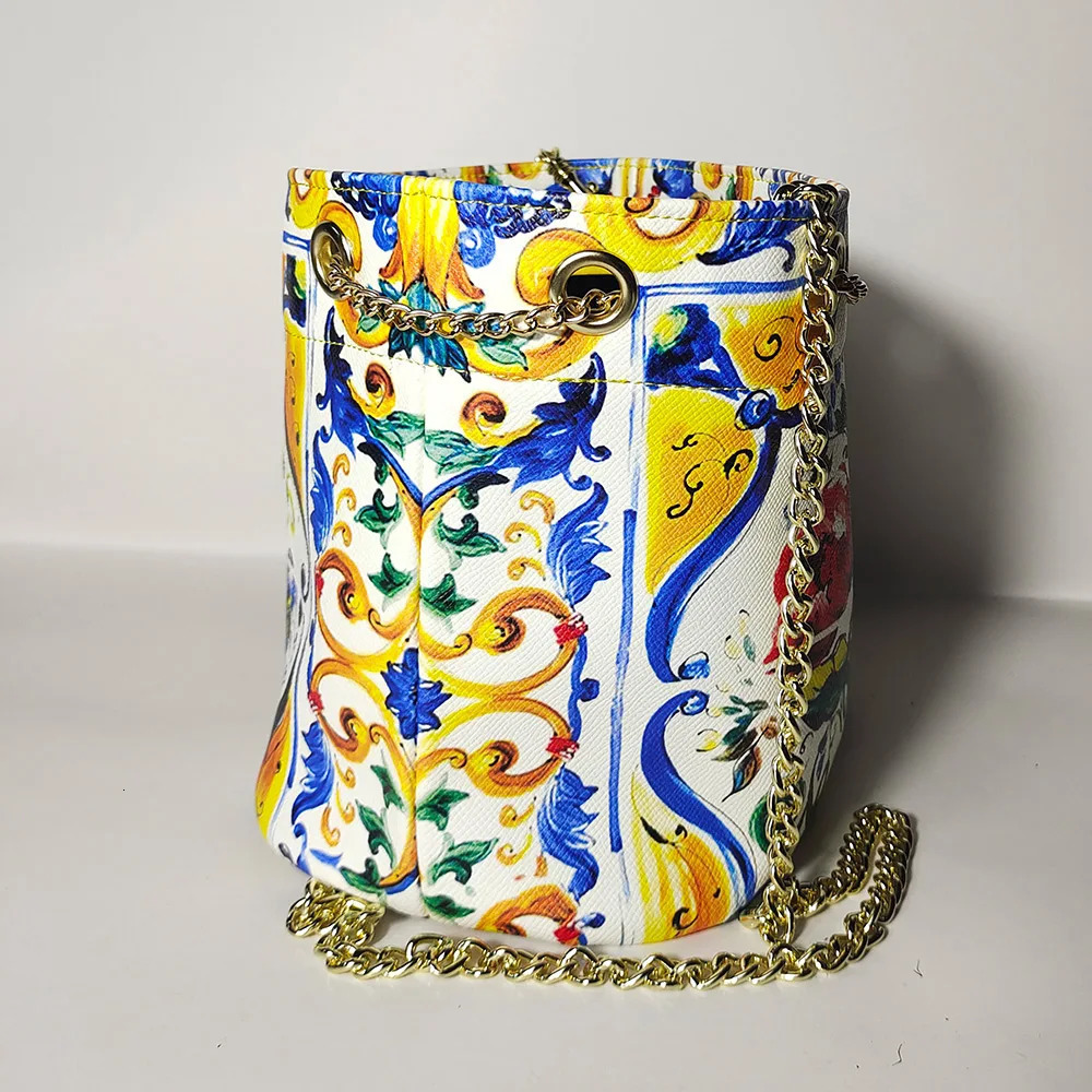 French Niche n Color Printed Bag Womens Summer Handheld Bucket Chain Crossbody Bag 250624