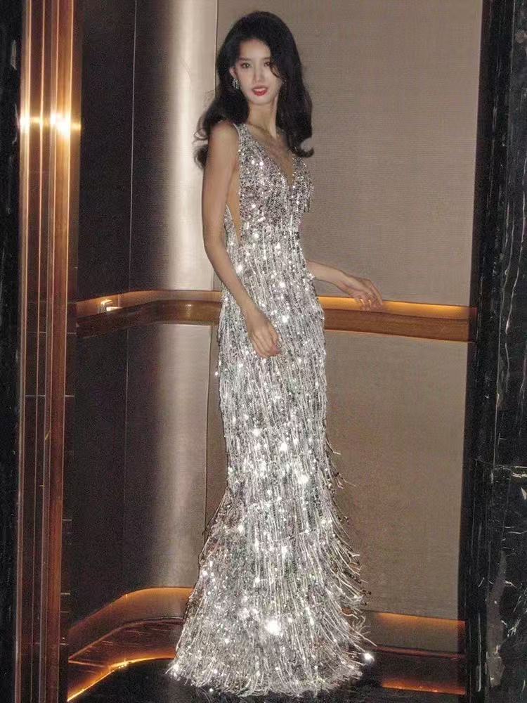 Silver tassel sequined bridal toasting dress 2025 new style elegant banquet high-end V-neck mermaid evening gown for women
