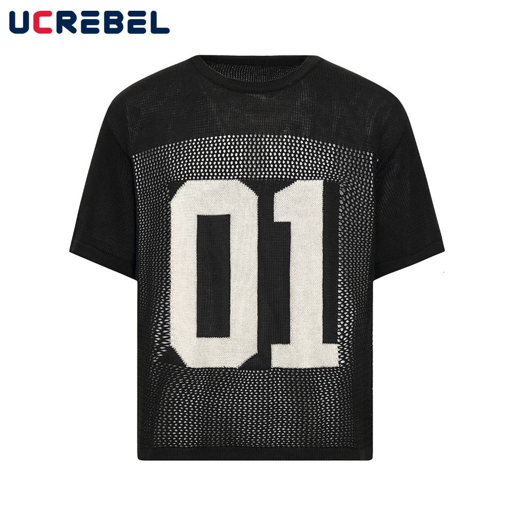 Hollow Out Letter Jacquard Knitted T-shirt Mens Summer High Street Loose Crew Neck Half-Sleeve Breathable tee Men 250617