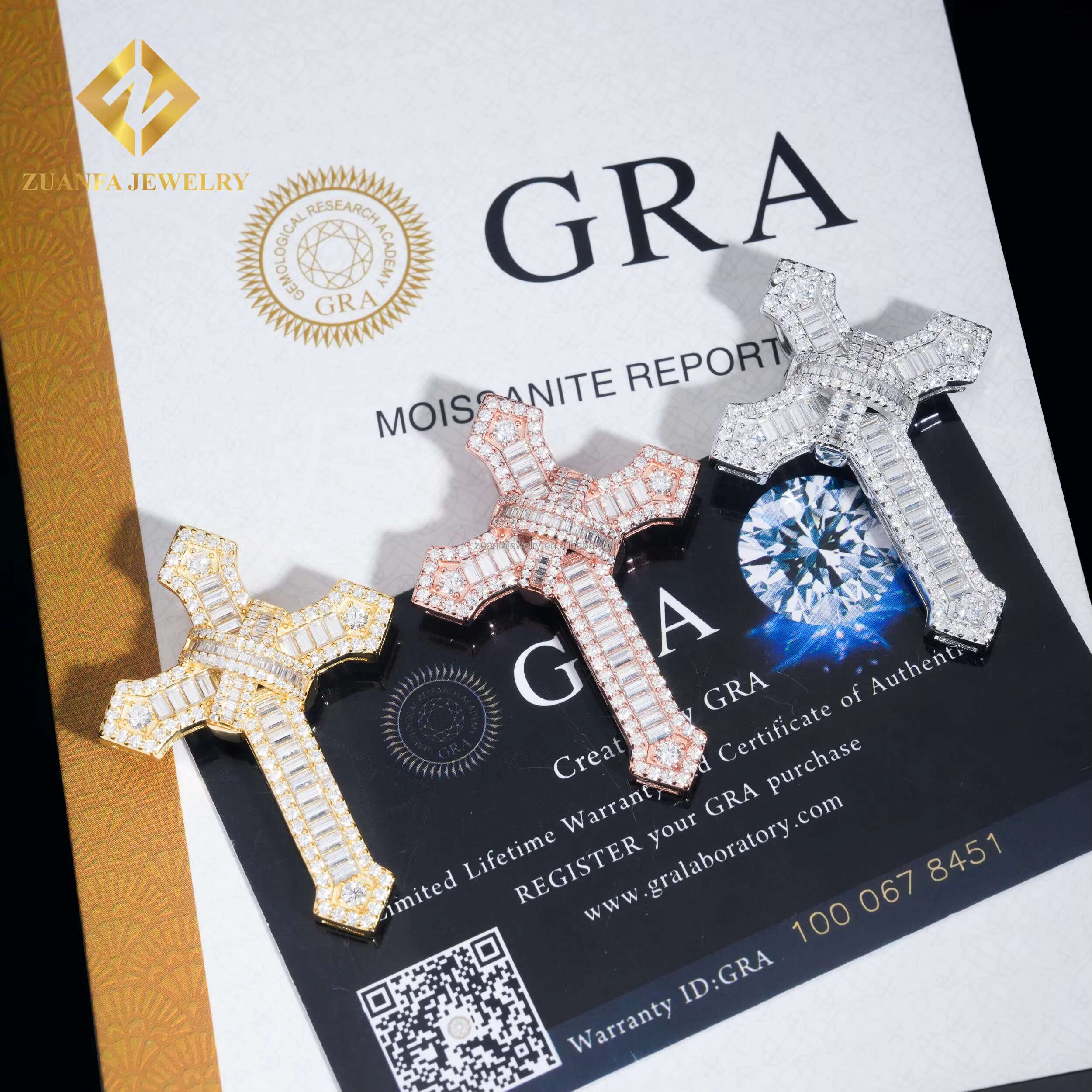 Wholesale Price Pass Diamond Tester GRA Certificate Iced Out Hip Hop Jewelry Baguette Moissanite Diamond Cross Pendant Chain