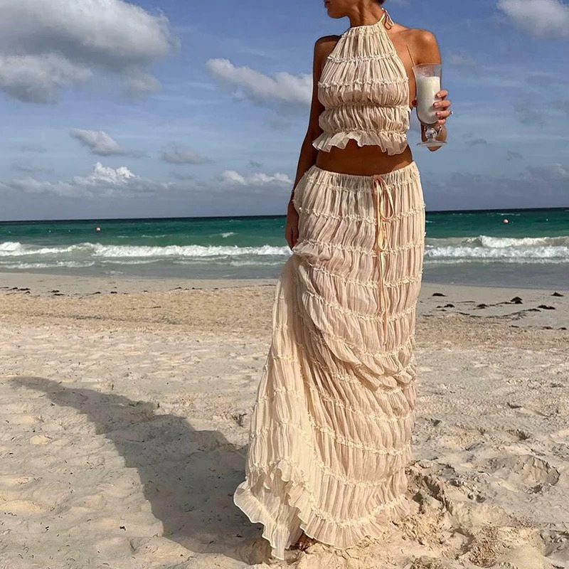 Women Boho Sexy Backless Matching Suit 2 Piece Beach Holiday Outfits Vintage Ruched Halter Cami Tops Maxi Long Skirt Party 250614
