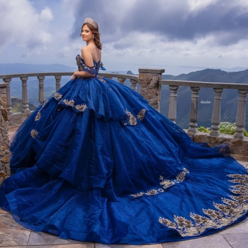 Navy Blue Glitter Quinceanera Dresses Ball Gown Off The Shoulder Lace Applique Beading Tull Sweet 16 Dress Vestidos De 15 Anos