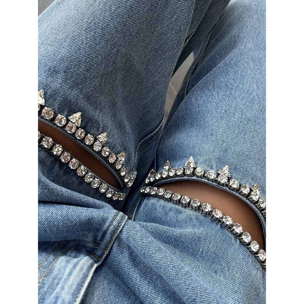 VGH Patchwork Dias Hollow Out Casual Jeans For Women High Waist Spliced Pockets Loose Straight Denim Wide Leg Pants Female
