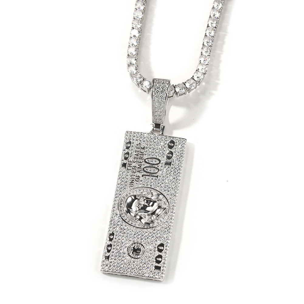 Mens US Dollar Bill Pendant Necklace Niche Personalized Rap Trend White Gold Iced Out Zirconia Money Cash Collar Hip Hop Rapper Jewelry Accessories Bi