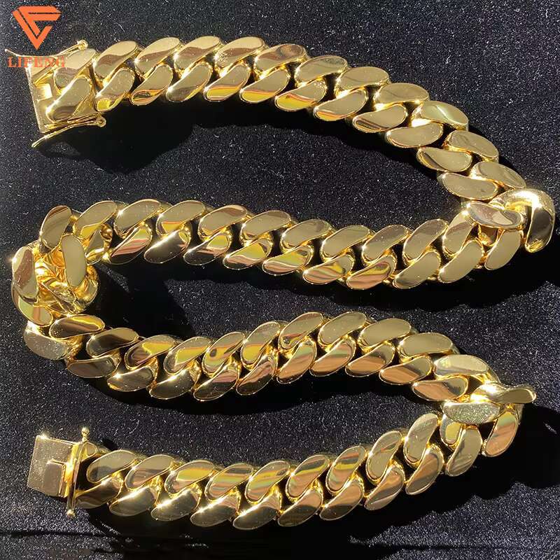 Custom 18K Gold Plated 14mm Cuban Link Chain Iced Moissanite Necklace Solid Sterling Hiphop Plain Cuban Link Necklace