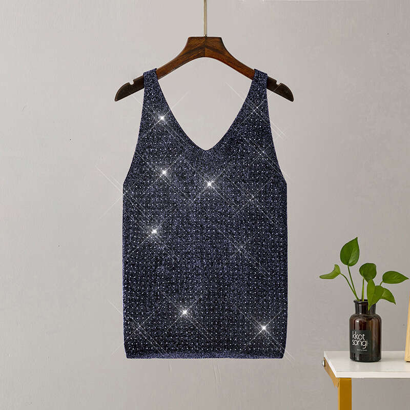2023 Summer New Ice Silk Knitted Camisole with Shiny Thread Rhinestones, V-neck, Solid Color, Slim Fit, Sexy and Fashionable Tank Top