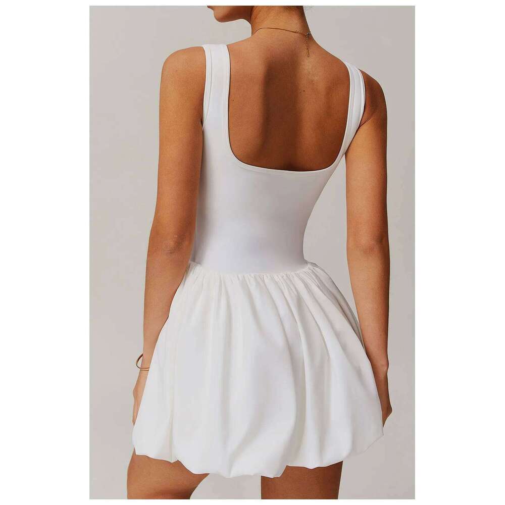 Womens Tennis Golf Dress Built-in Bra Shorts Backless Square Neck Mini Puffy Skirt Athletic Dresses with Pockets