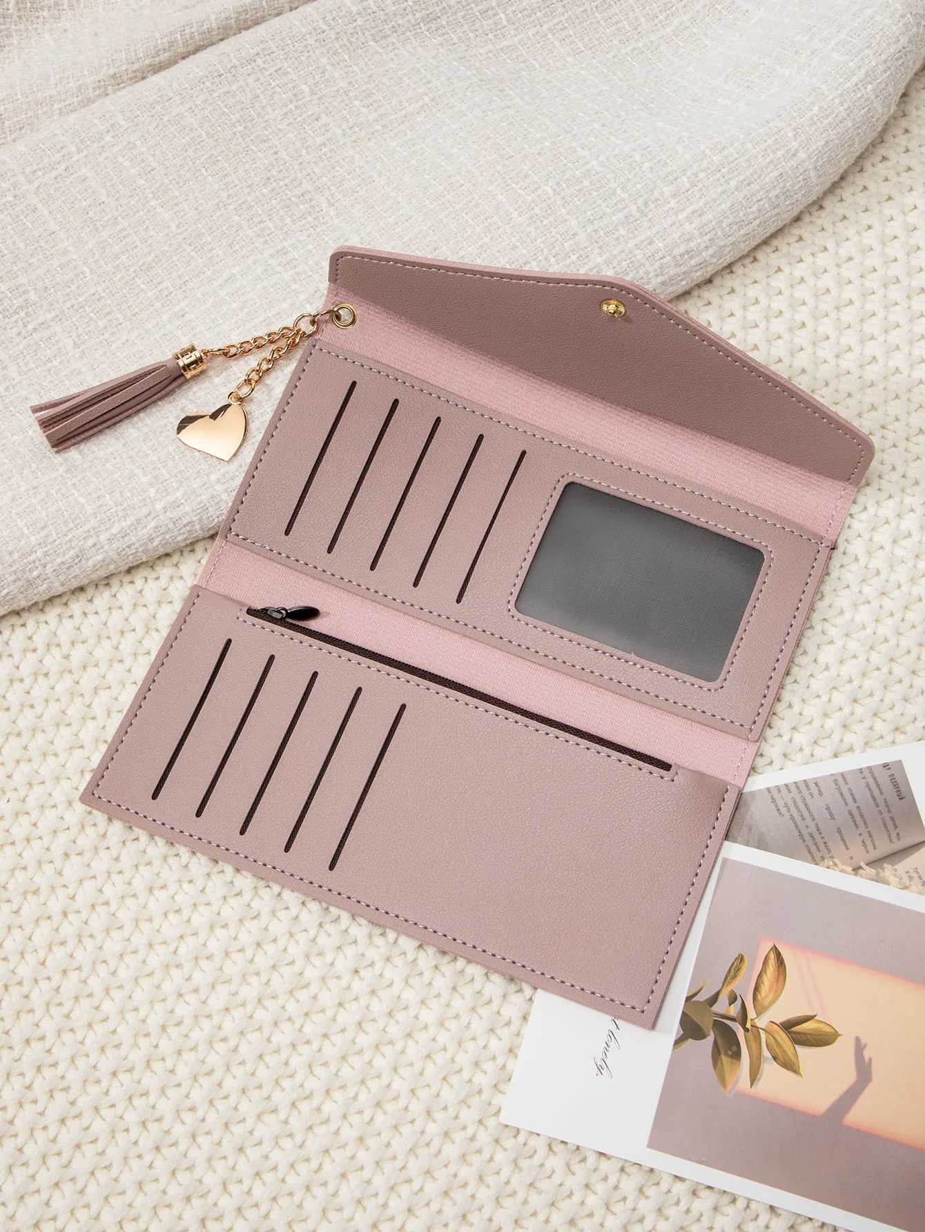 Simple and stylish three-fold womens wallet PU leather large capacity lg wallet tassel pendant solid color wallet card bagXJ250624