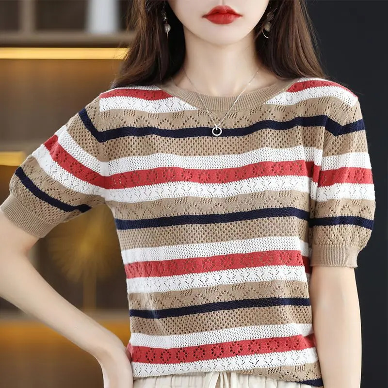 Summer Thin Fashion Crew Neck Striped Short Sleeve Loose Hollow Out Loose Sweater Knitted T-shirt Womens Tops 250614
