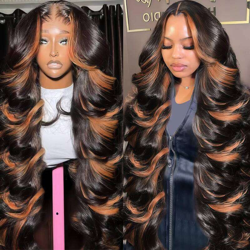 250 Density 30 32Inch 1B/30 Black Brown Body Wave 13x6 HD Frontal Human Hair Wig Color Ombre Highlight 13x4 Lace Front Wigs
