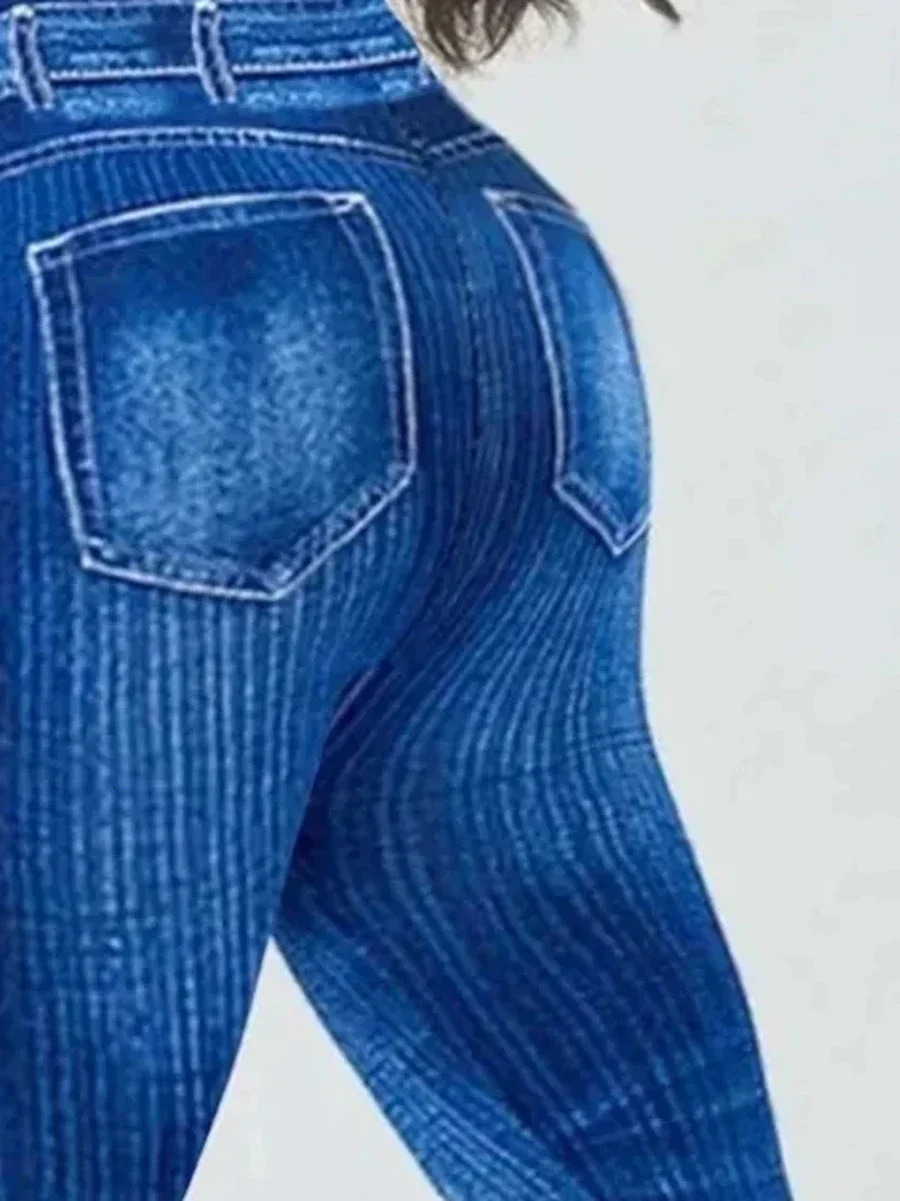 Fashion Plus Size 1XL5XL Womens Sporty Leggings Ladies Casual Denim Print Slight Stretch High Rise Leggings 250609