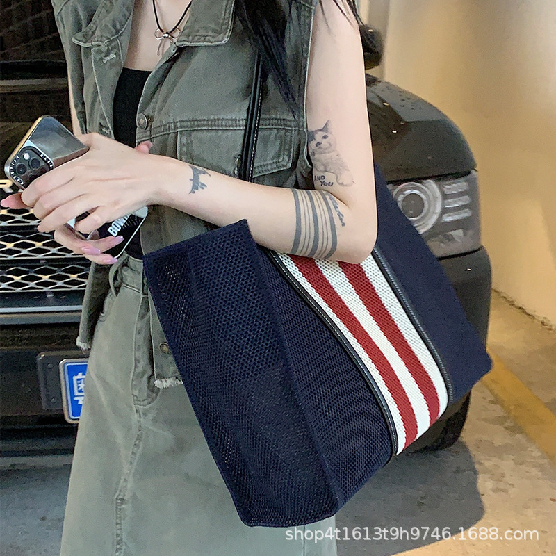 Summer Fashion Woven Colorful Striped Tote 2024 New Hollow Mother-Daughter Shopping Bag Large Capacity