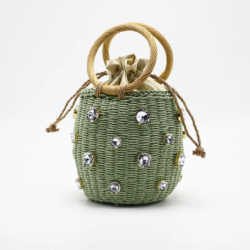Summer Round Rattan Handmade diamond Pearl Bag Bohemian Leisure Straw Bucket Knitting Shoulder Crossbody Beads Beach Bag 250624
