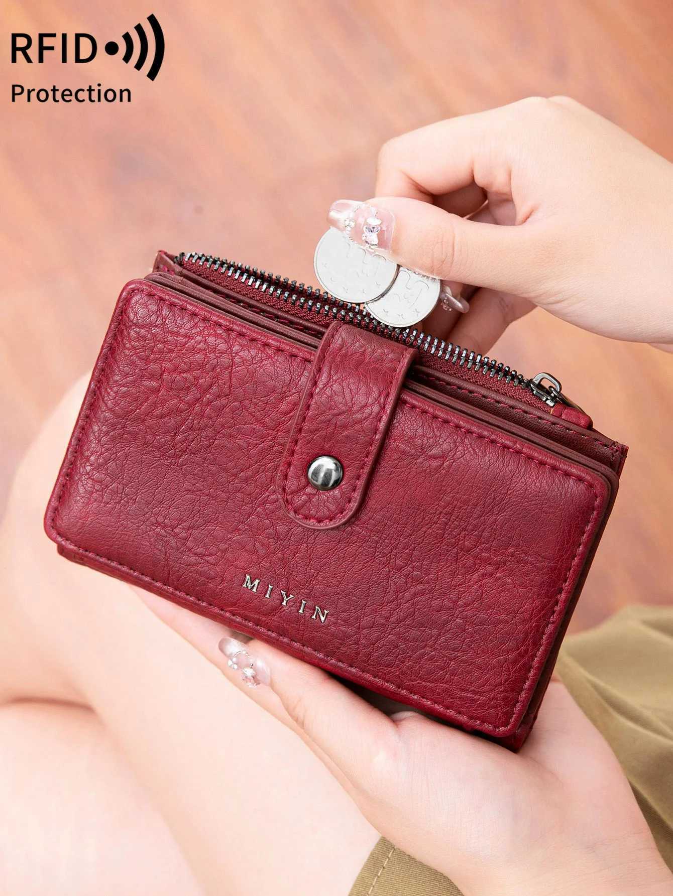MIYIN RFID anti-theft brush three-fold womens short wallet PU leather multi card slot wallet multifunctional zero walletXJ250624