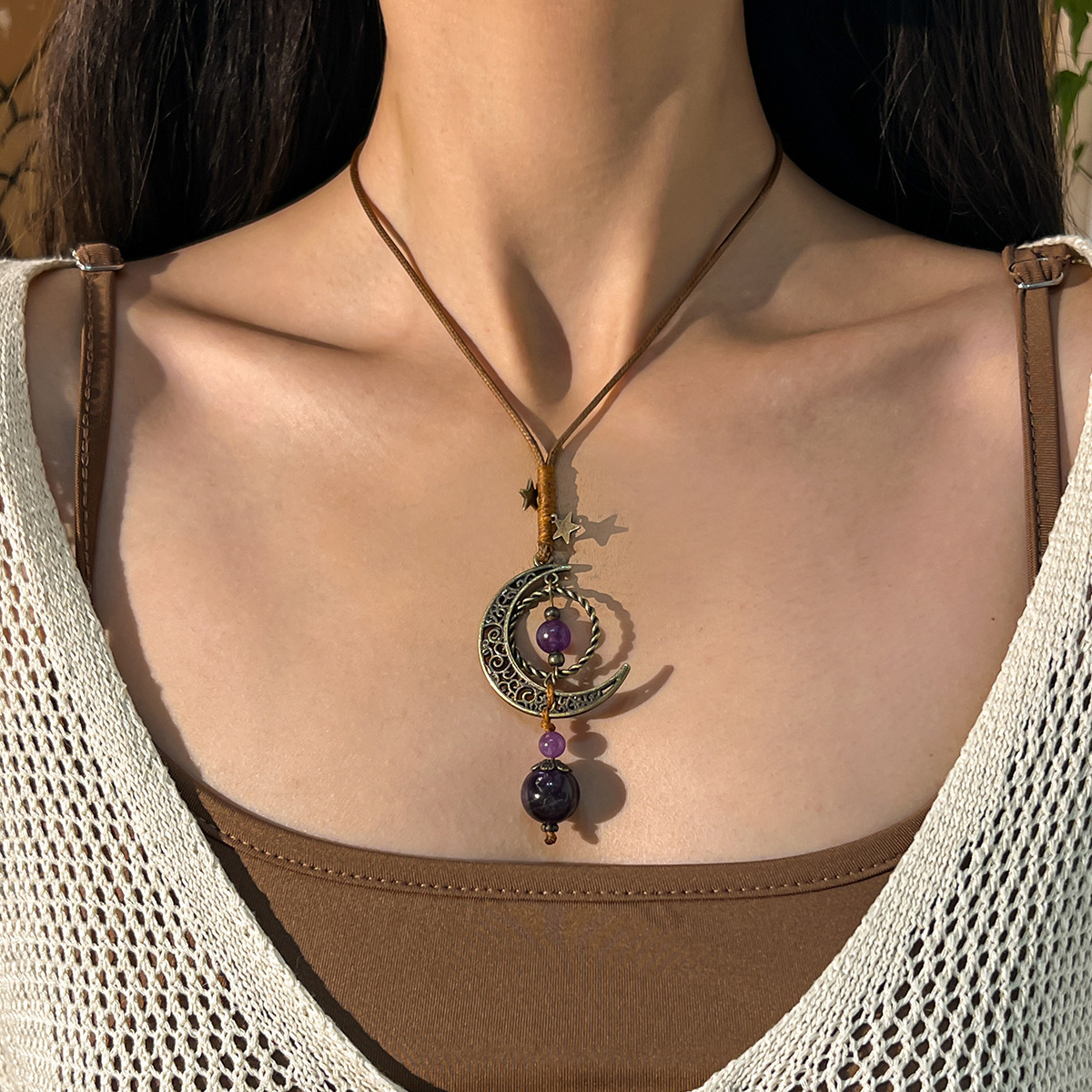 Unique Round Bead Geometric Ethnic Style Hollow Moon Pendant Pull Cord Long Necklace