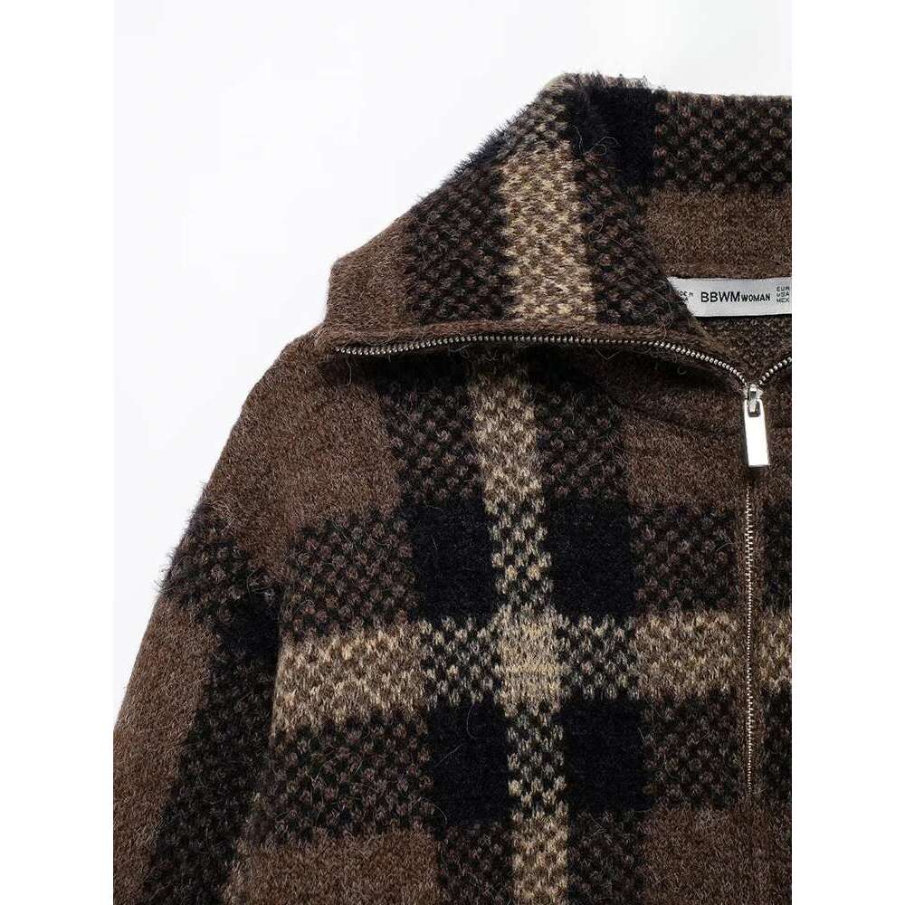 Women's Fashion Retro Style Plaid Knit Aviator Chic Lapel Front Zipper Pockets Elegant Casual Thickened Warm Jacket