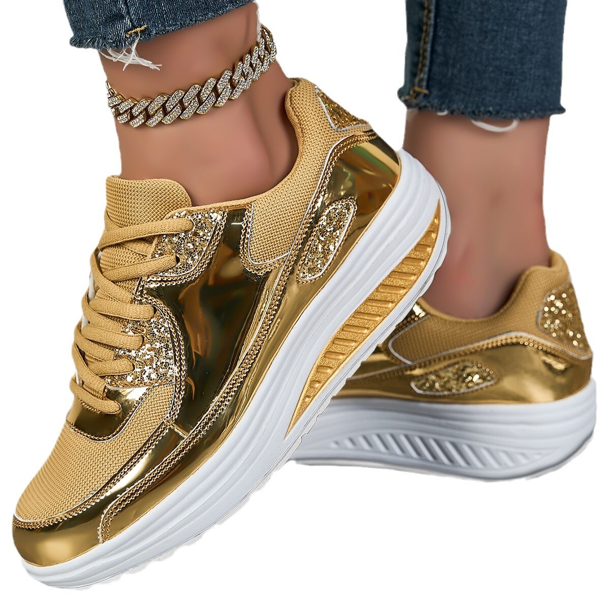Designer casual shoes 2025 Spring and Autumn Shaking Sole Gold Glossy Mesh Casual Sports Outdoor Large Size Shoes