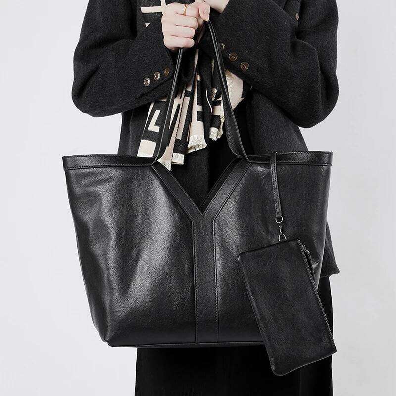 Y Genuine Leather Tote Bag New Lady Large Capacity Brand Designer Black Cowhide Shoulder Travel High-End Underarm Handbag