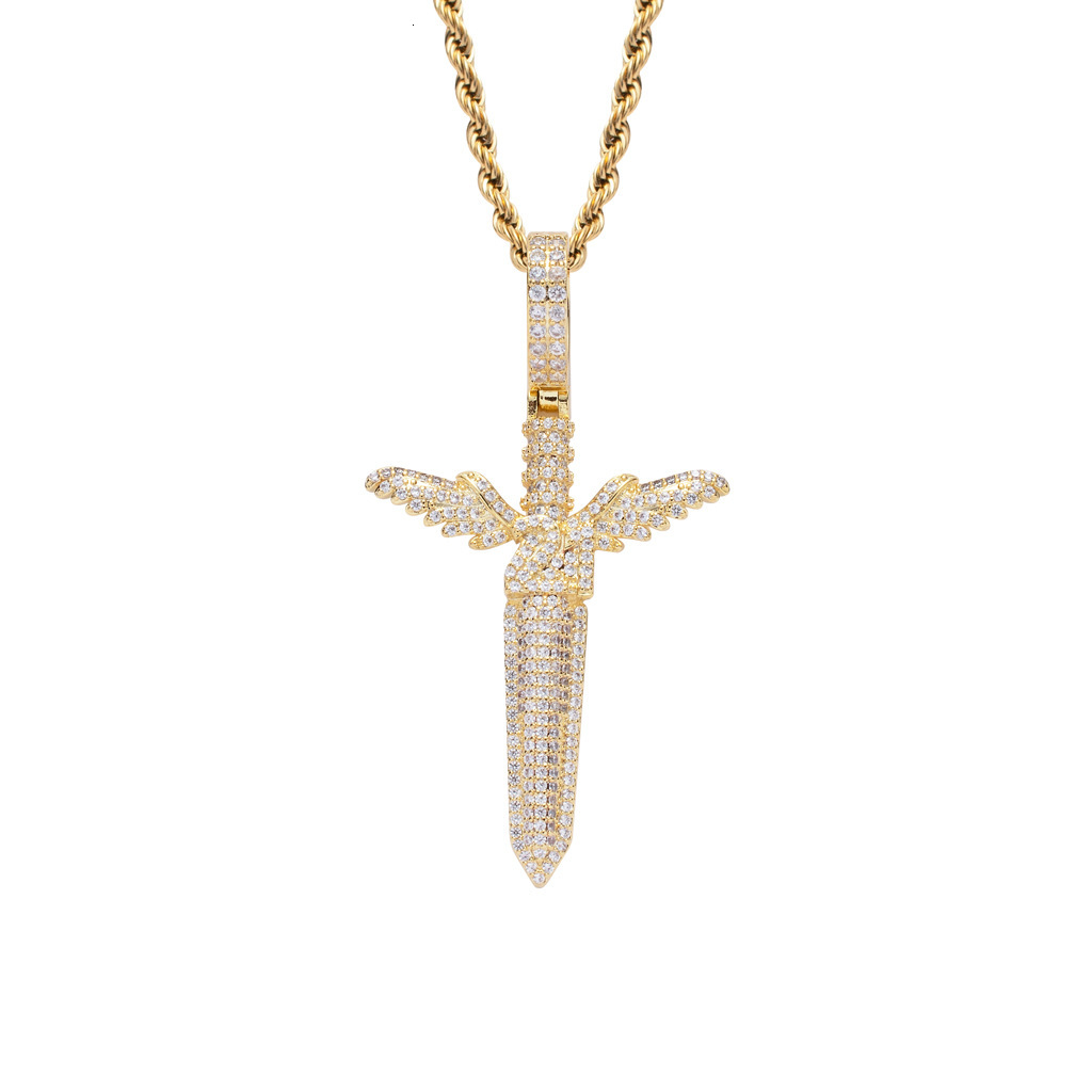 Luxury Moissanite Bling Iced Out Angel Sword Pendant Diamond Studded Hip Hop Necklace Trendy Versatile Accessory Pass the diamond tester