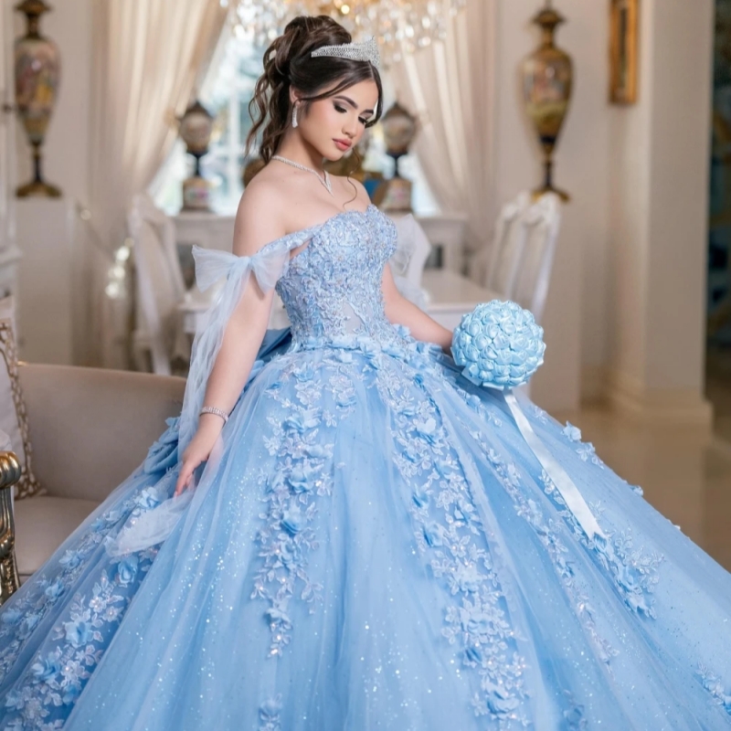 Glitter Sky Blue Quinceanera Dresses Ball Gown Floral Applique Beading Bow Sweet 16 Dress Vestidos De 15 Anos