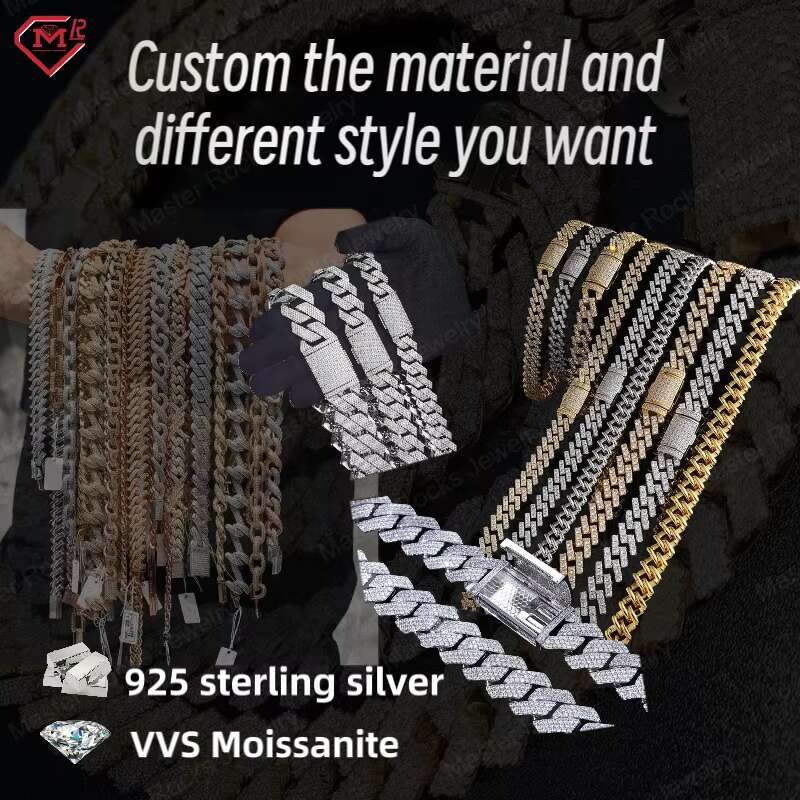 16MM Moissanite Cuban Chain Hiphop Miami Ice Out 925 Sterling Silver Yellow Gold Plated Cuban Link Chain