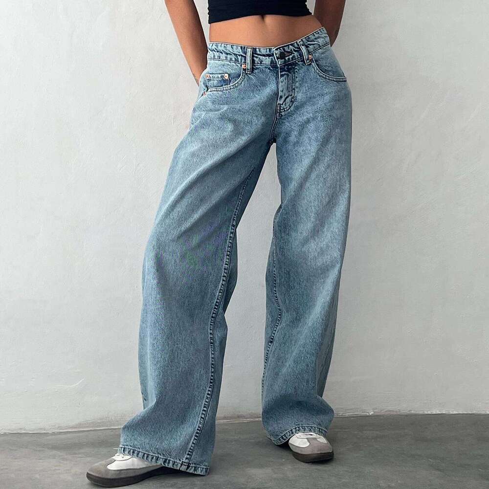 2025Designer Jeans Autumn Winter Solid Color Loose Denim Pants Women Low Waist Wide Leg Trousers With Multi Pockets Streetwear True Relgion Jeans Wome