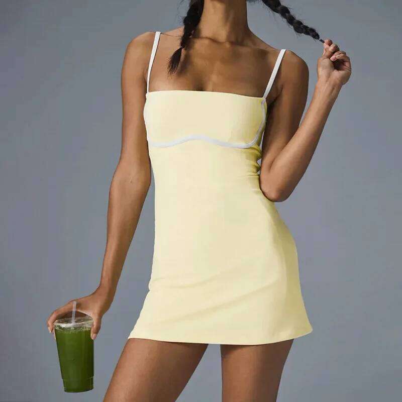 FUBEIKE Yoga Women's Contrast Color With Chest Pad Anti-Exposure Bottom Shorts Exercise Workout Training Tennis Dress