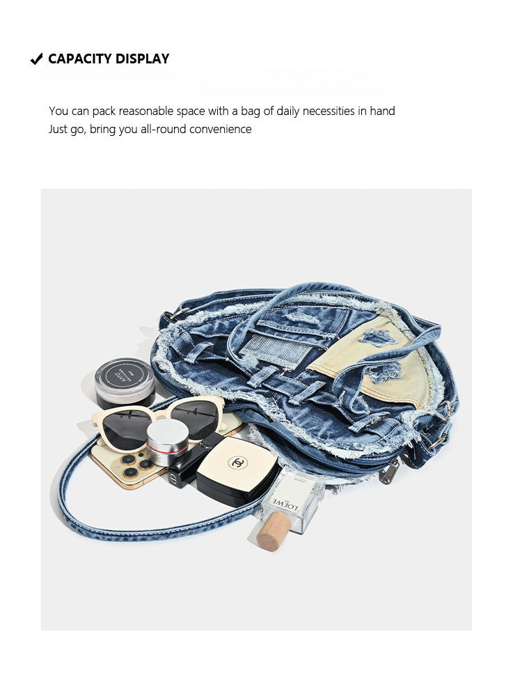 Free Shipping Vintage Heart Heart Heart Luxury Retro Distressed Denim Canvas Bag Niche Designer Sense Single Shoulder Crossbody Bag Versatile Korean S