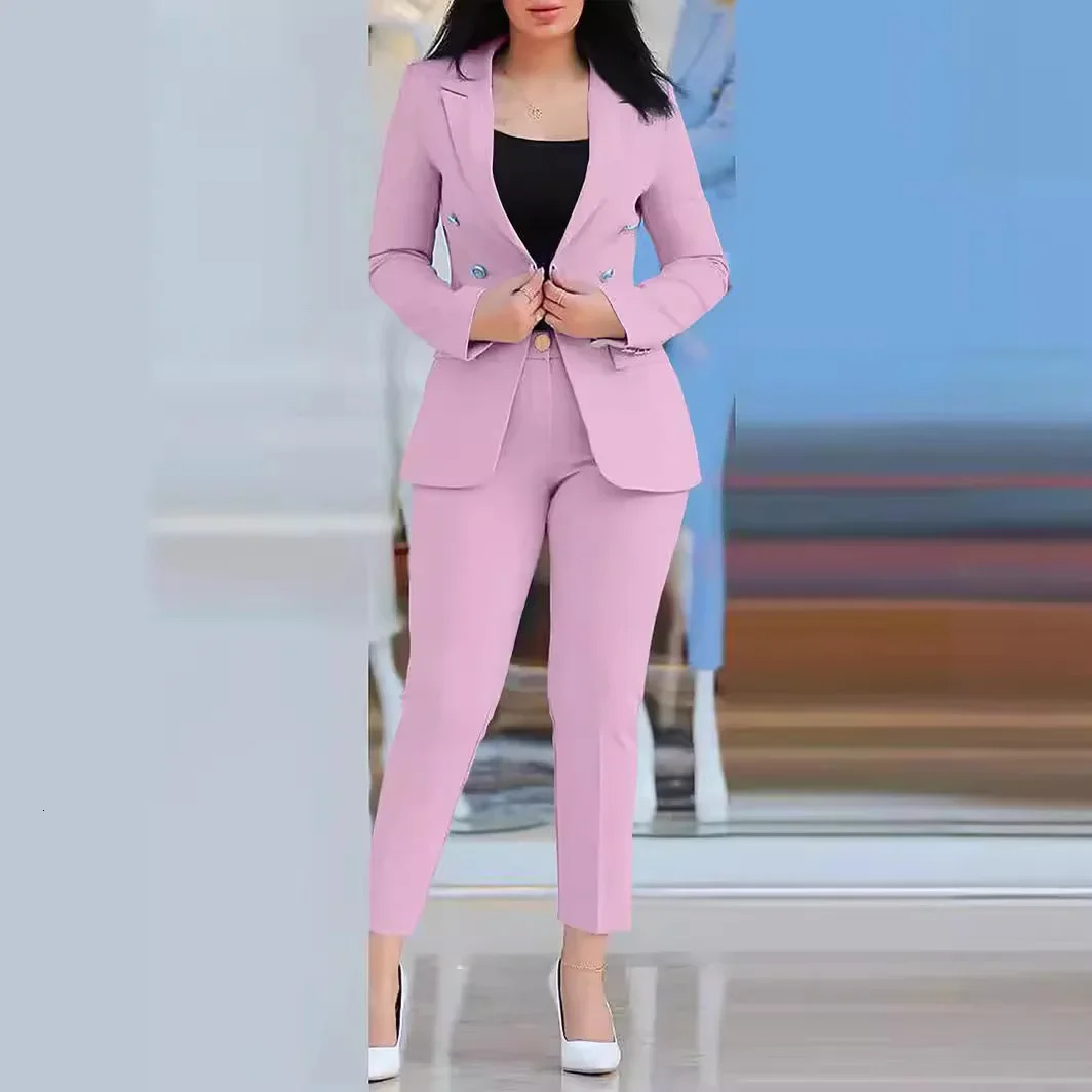 2pc Office Clothing Set Long Sleeve Blazer Jacket High Waist Pencil Pants Solid Color 250614