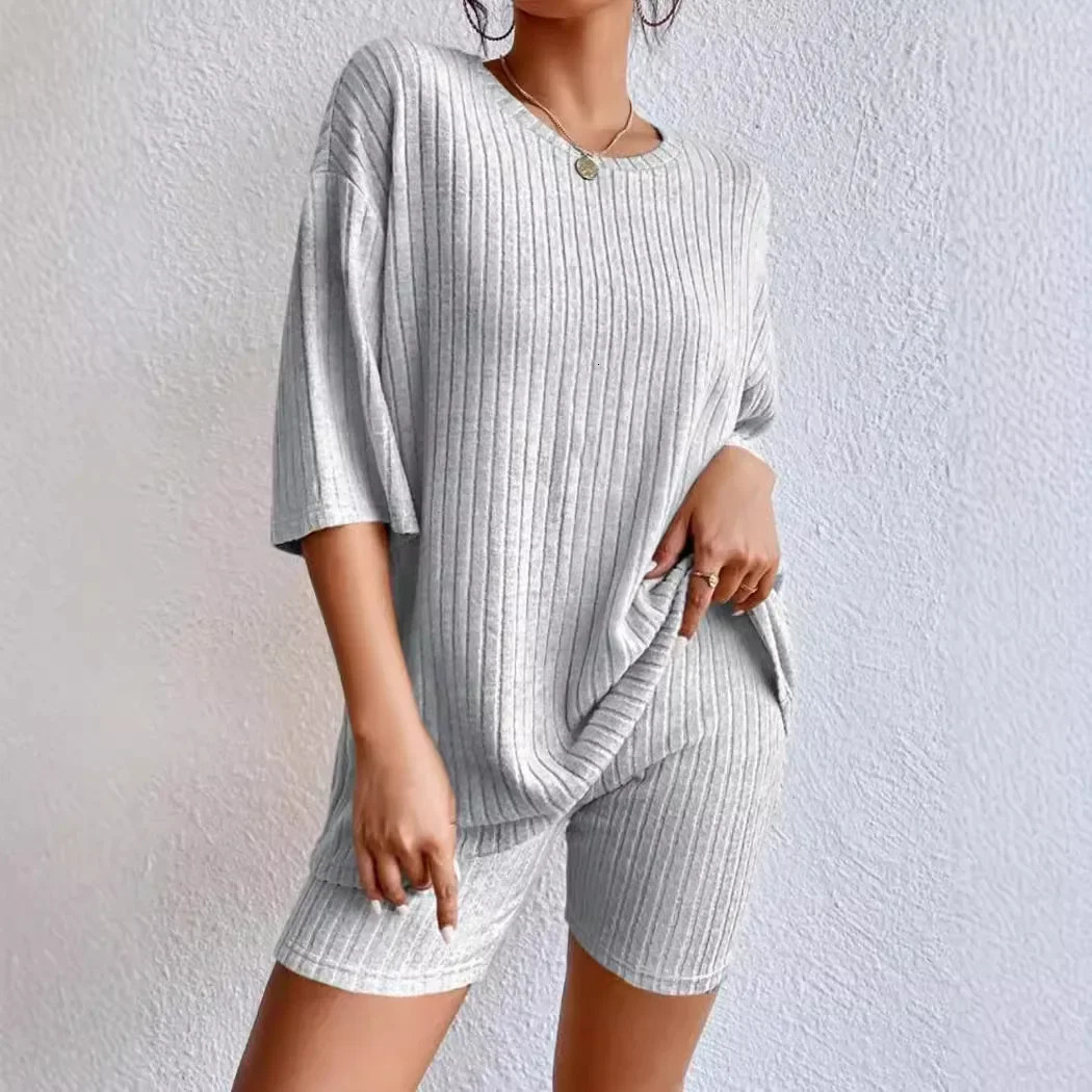 Fashionable Knitted Loose Casual round Neck Summer Short Pants Top Set Womens Clothing Comfortable Breathable Solid Color 250614