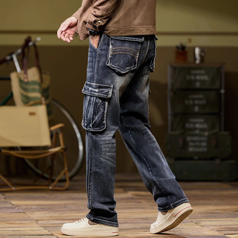High Street Trendy Multi Pocket Denim Pants Men American Vintage Jeans Oversized Loose Fat Straight Trouser Cargo Pant Versatile 250624