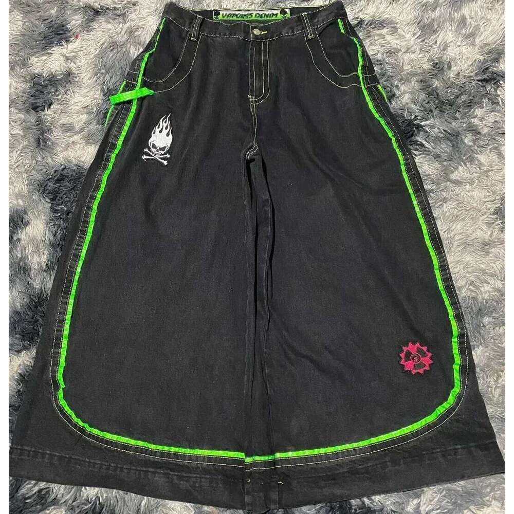 Y2K Gothic American Punk Skull Men Women Trendy High Jeans Casual Straight Loose Washed Multifunctional Wide Leg Pants