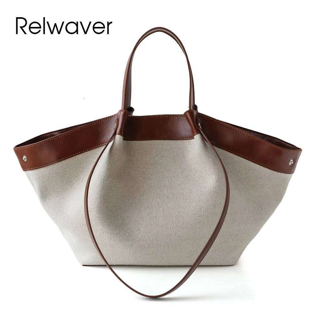 Luxury Designer bags Relwaver canvas genuine leather tote 2025 autumn winter trapeze big small shoulder commuting ladies chic hand bag