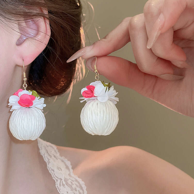 Sier Needle Pearl Mesh Flower Tassel Spring Summer Fresh Sweet Earrings Super Fairy Pure Desire Fashion Ear Jewelry
