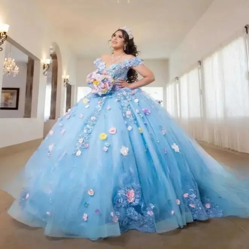 Sky Blue Shiny Quinceanera Dresses for 15 Years Old Off the Shoulder Applique Flower Beads Tull Sweet 16 Dress Vestidos 15 De Anos