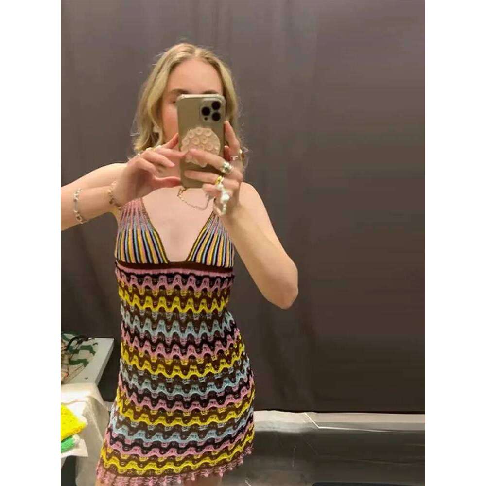 Casual Knitted Color Contrast Women's Dresses Chic V Neck Sleeveless A-line Female Robes 2025 Summer New Holiday Lady Vestidos