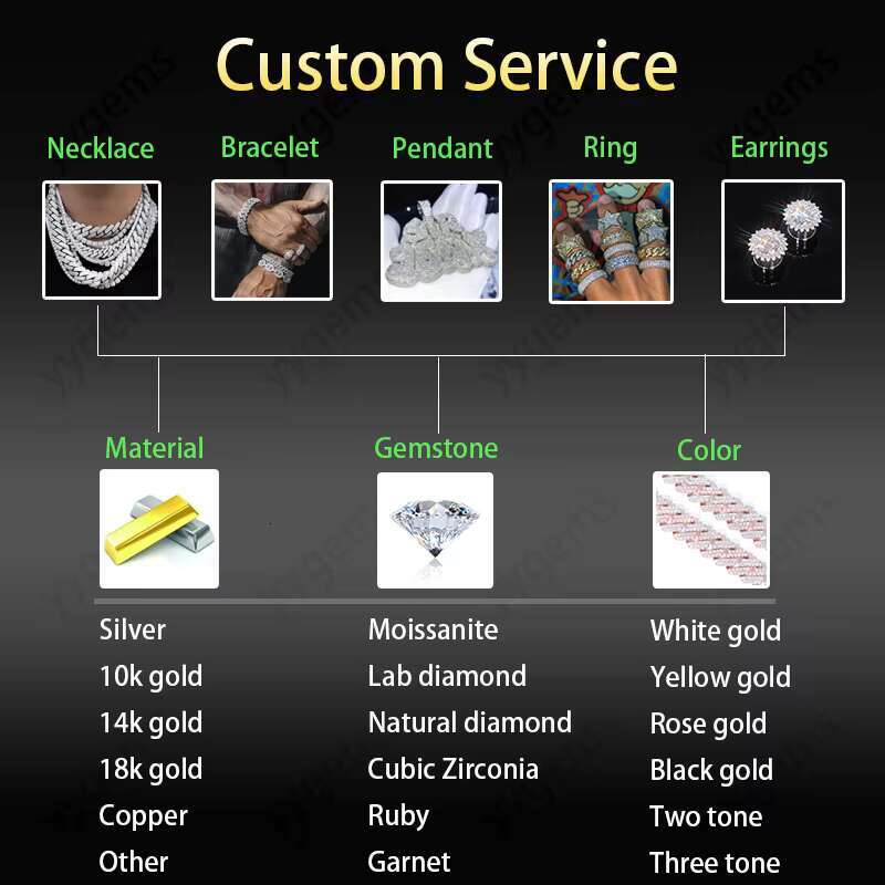 Customized Top Quality Sterling Silver VVS D Color baguette Shape Moissanite with GRA Cuban Link Chain for Mens Rapper Life