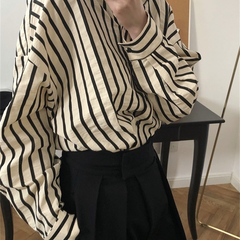 HanOrange Spring Autumn Vintage Striped Shirt Women Lapel Loose Lazy Comfortable Top Female White/Black 250616